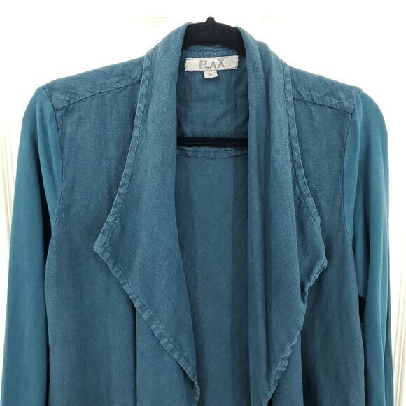 Flax Linen/Cotton Long Sleeve Open Jacket S Teal/Blue-Green - Picture 4 of 16